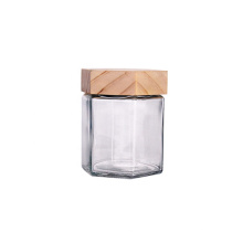 High quality 12oz  hexagon glass jar with wooden cap for honey spice jam